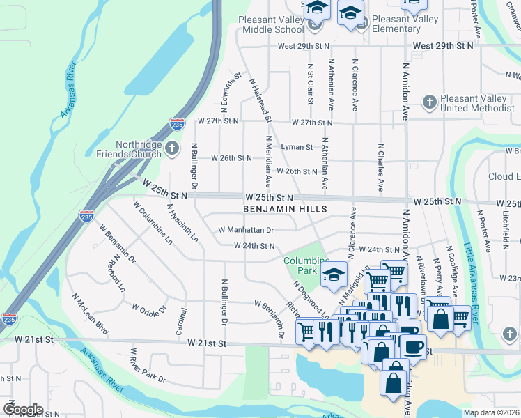 map of restaurants, bars, coffee shops, grocery stores, and more near 2517-2525 Wilson Drive in Wichita