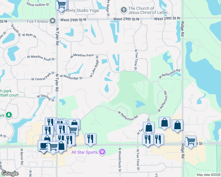 map of restaurants, bars, coffee shops, grocery stores, and more near 2538 North Lake Ridge Court in Wichita