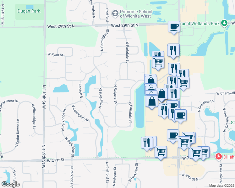 map of restaurants, bars, coffee shops, grocery stores, and more near 2529 North Rutgers Street in Wichita