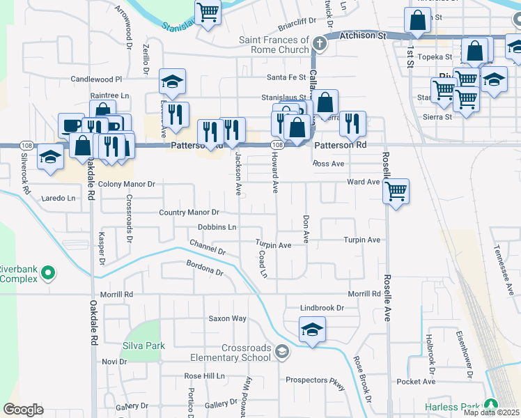 map of restaurants, bars, coffee shops, grocery stores, and more near 6219 Nickels Court in Riverbank