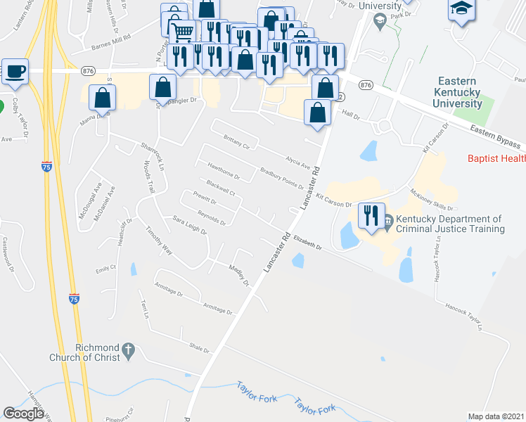 map of restaurants, bars, coffee shops, grocery stores, and more near 1206 Lesley Court in Richmond