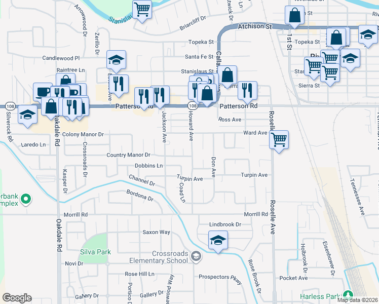 map of restaurants, bars, coffee shops, grocery stores, and more near 6219 Nickels Court in Riverbank