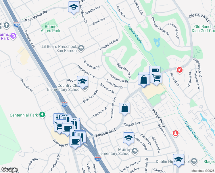 map of restaurants, bars, coffee shops, grocery stores, and more near 9560 Ernwood Street in San Ramon
