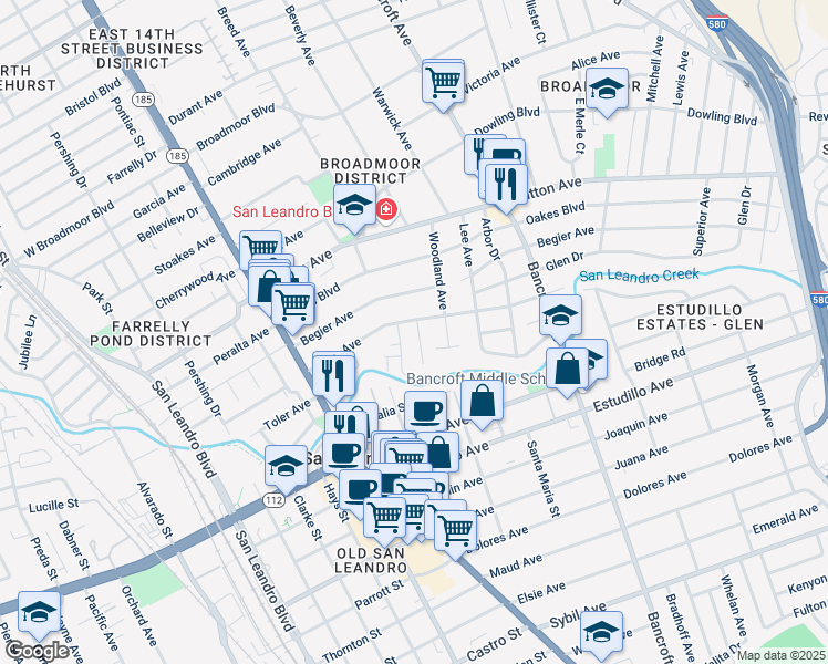 map of restaurants, bars, coffee shops, grocery stores, and more near 915 Ramona Way in San Leandro