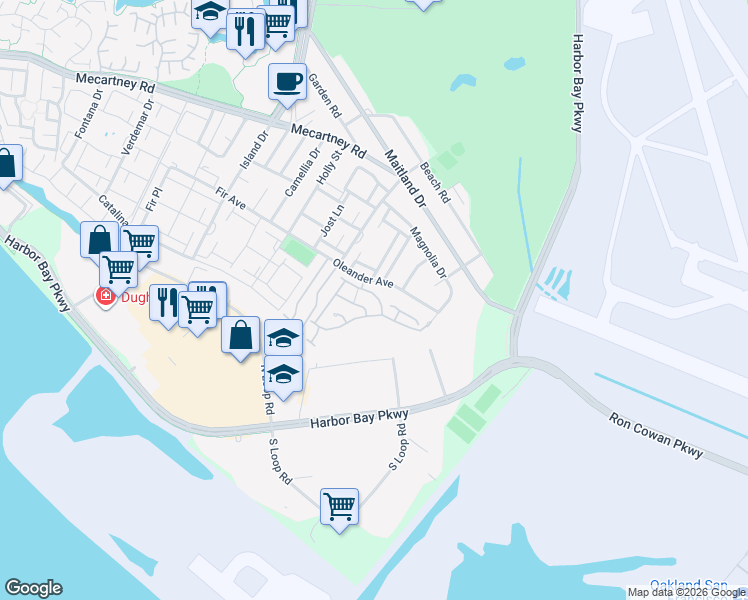map of restaurants, bars, coffee shops, grocery stores, and more near 3565 McSherry Way in Alameda