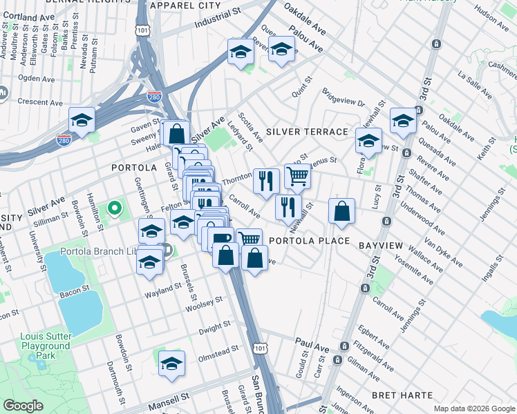 map of restaurants, bars, coffee shops, grocery stores, and more near 2031 Carroll Avenue in San Francisco