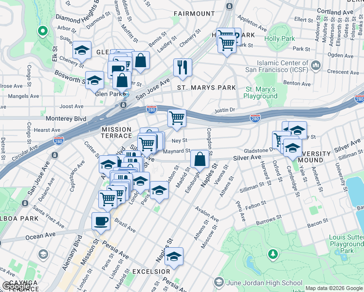 map of restaurants, bars, coffee shops, grocery stores, and more near 89 Maynard Street in San Francisco
