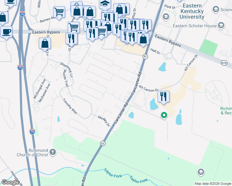map of restaurants, bars, coffee shops, grocery stores, and more near 1206 Lesley Court in Richmond