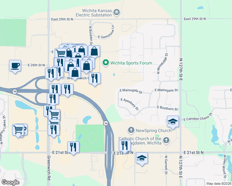 map of restaurants, bars, coffee shops, grocery stores, and more near 12006 East Mainsgate Street in Wichita