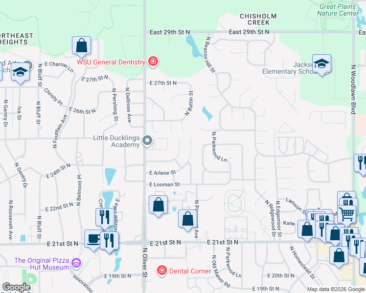 map of restaurants, bars, coffee shops, grocery stores, and more near 2517 North Bleckley Street in Wichita