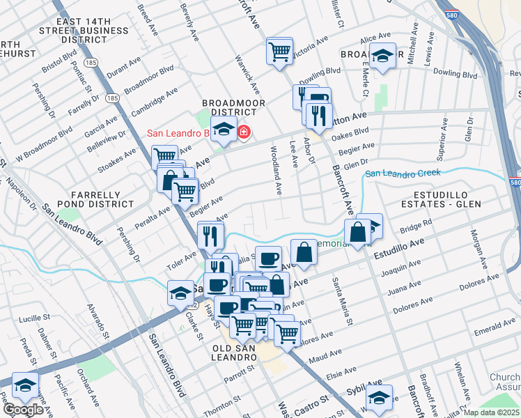map of restaurants, bars, coffee shops, grocery stores, and more near 915 Ramona Way in San Leandro