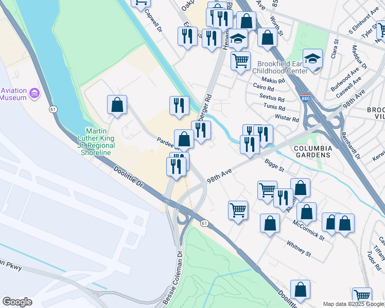 map of restaurants, bars, coffee shops, grocery stores, and more near 100 Hegenberger Road in Oakland