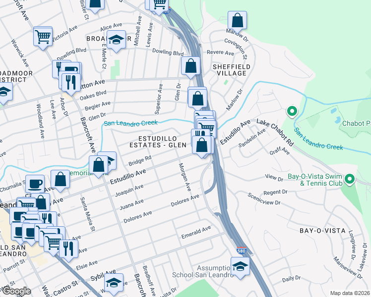 map of restaurants, bars, coffee shops, grocery stores, and more near in San Leandro