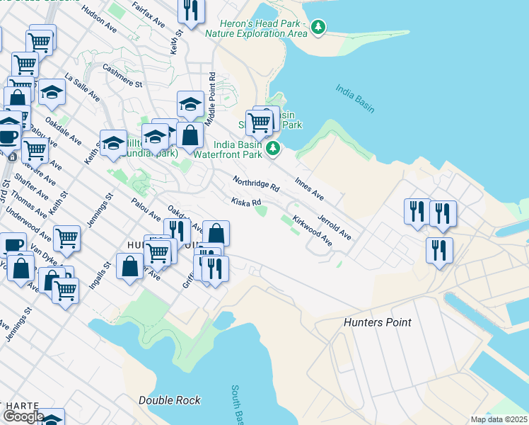 map of restaurants, bars, coffee shops, grocery stores, and more near 195 Kiska Road in San Francisco