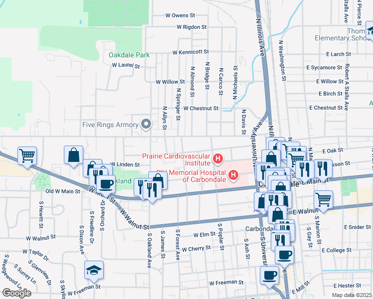 map of restaurants, bars, coffee shops, grocery stores, and more near 606 West Pecan Street in Carbondale