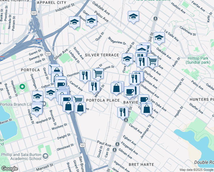 map of restaurants, bars, coffee shops, grocery stores, and more near 169 Williams Avenue in San Francisco