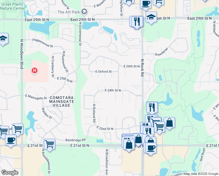 map of restaurants, bars, coffee shops, grocery stores, and more near 7510 North 24th Street Court in Wichita