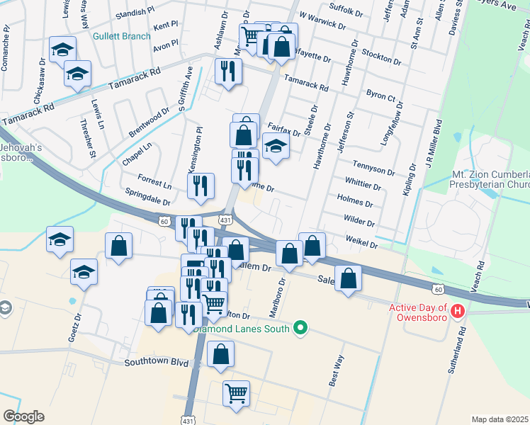 map of restaurants, bars, coffee shops, grocery stores, and more near 698 Chuck Gray Court in Owensboro