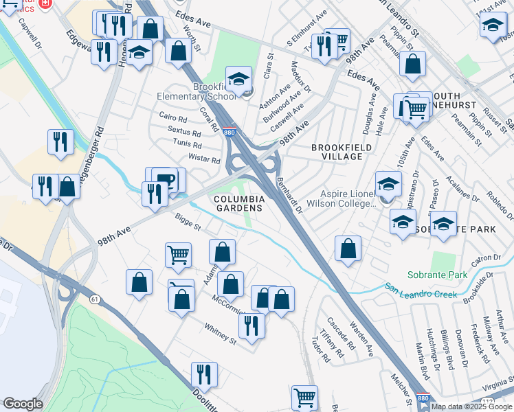 map of restaurants, bars, coffee shops, grocery stores, and more near 9920 Hesket Road in Oakland