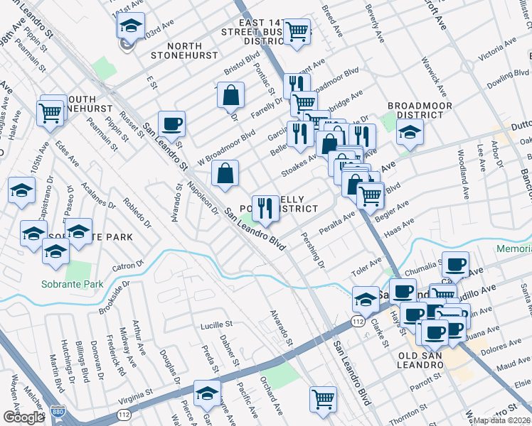 map of restaurants, bars, coffee shops, grocery stores, and more near 381 Cherrywood Avenue in San Leandro