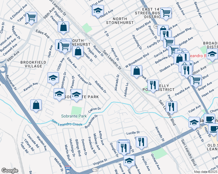 map of restaurants, bars, coffee shops, grocery stores, and more near 343 Accolade Drive in San Leandro