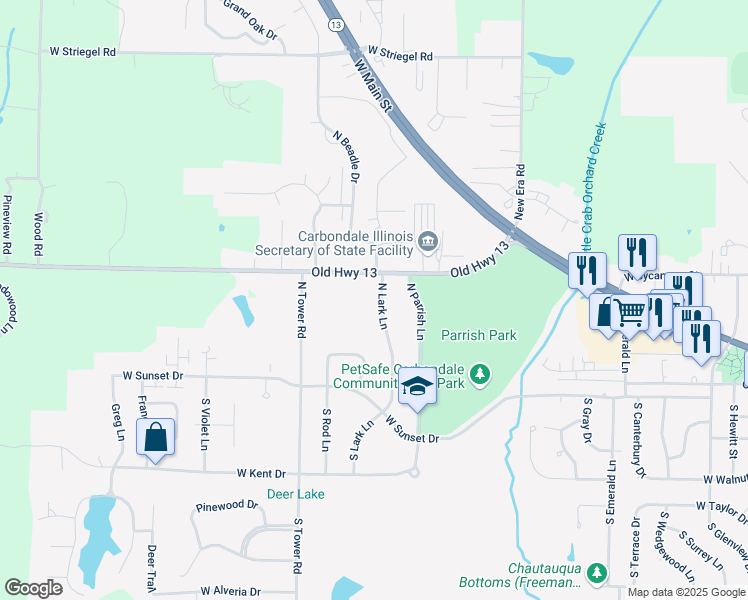map of restaurants, bars, coffee shops, grocery stores, and more near 118-210 North Lark Lane in Carbondale