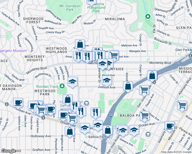 map of restaurants, bars, coffee shops, grocery stores, and more near 427 Flood Avenue in San Francisco