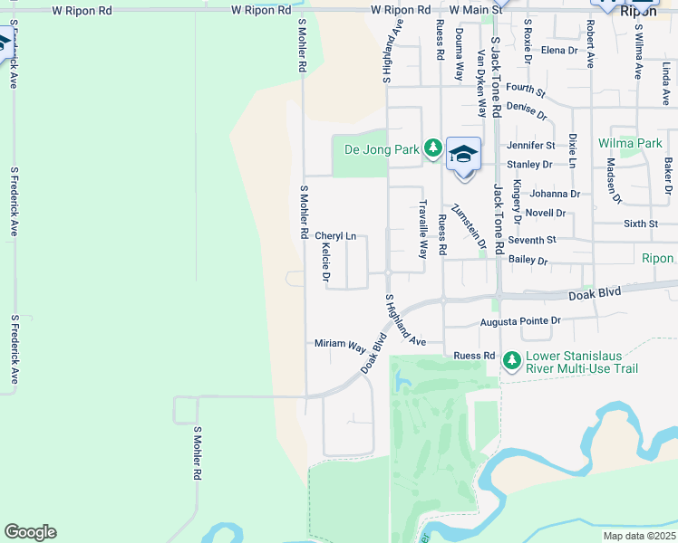 map of restaurants, bars, coffee shops, grocery stores, and more near 1160 McVeigh Way in Ripon