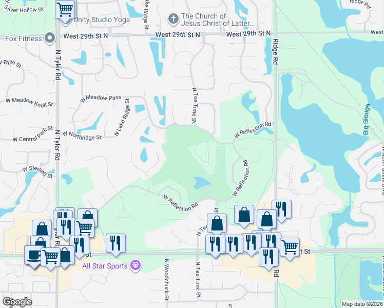 map of restaurants, bars, coffee shops, grocery stores, and more near 7720 West Central Park Street in Wichita