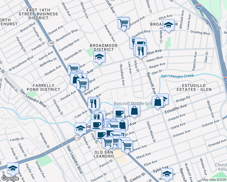 map of restaurants, bars, coffee shops, grocery stores, and more near 920 Ramona Way in San Leandro