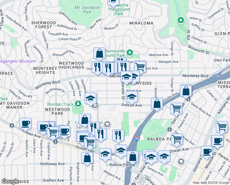 map of restaurants, bars, coffee shops, grocery stores, and more near 449 Flood Avenue in San Francisco