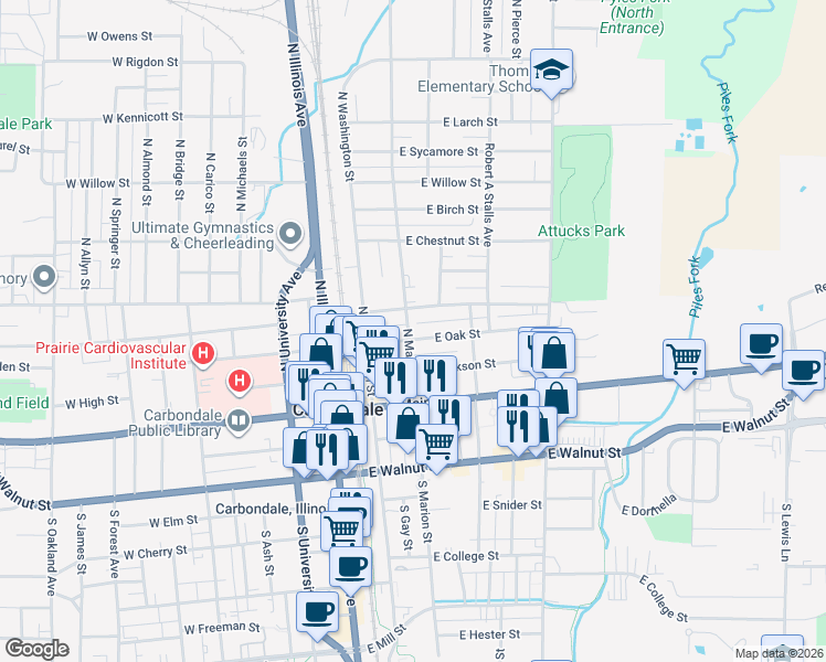 map of restaurants, bars, coffee shops, grocery stores, and more near 301 North Marion Street in Carbondale