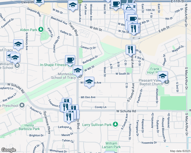 map of restaurants, bars, coffee shops, grocery stores, and more near 449 West Mount Diablo Avenue in Tracy
