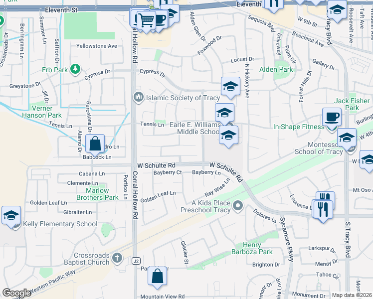 map of restaurants, bars, coffee shops, grocery stores, and more near 1795 Harvest Landing Lane in Tracy