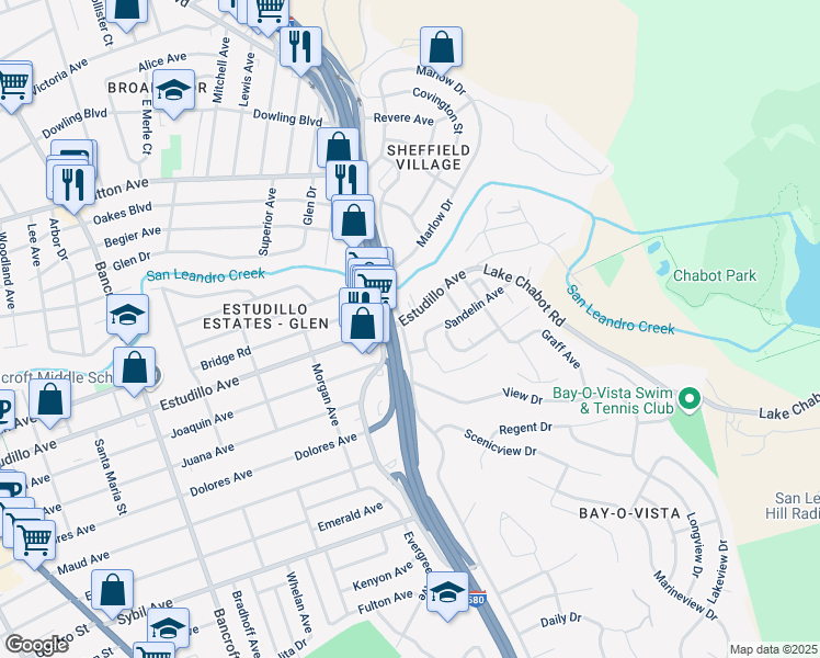 map of restaurants, bars, coffee shops, grocery stores, and more near 1225 Sandelin Avenue in San Leandro
