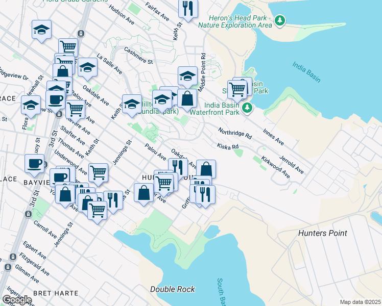 map of restaurants, bars, coffee shops, grocery stores, and more near 27 Baldwin Court in San Francisco
