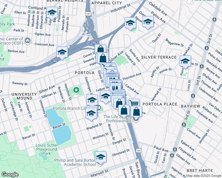 map of restaurants, bars, coffee shops, grocery stores, and more near 2 Burrows Street in San Francisco