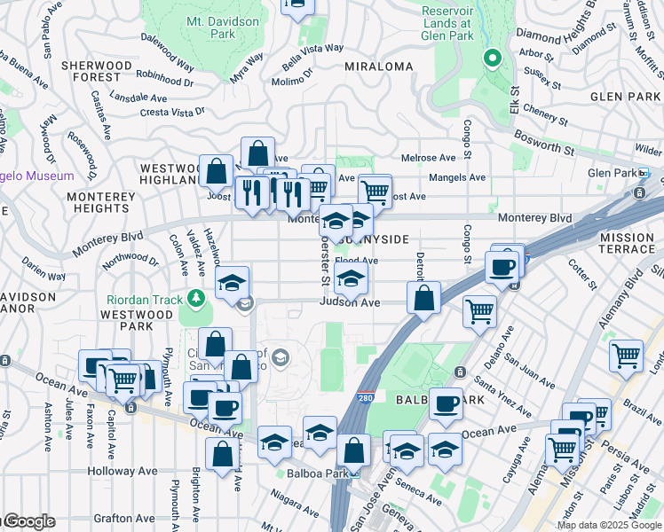 map of restaurants, bars, coffee shops, grocery stores, and more near 363 Flood Avenue in San Francisco