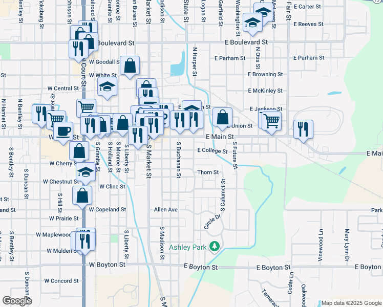 map of restaurants, bars, coffee shops, grocery stores, and more near 506 East Marion Street in Marion