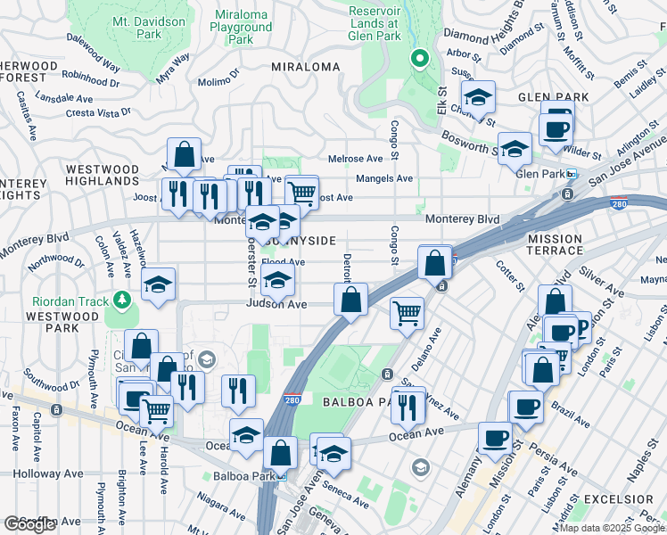 map of restaurants, bars, coffee shops, grocery stores, and more near 227 Flood Avenue in San Francisco