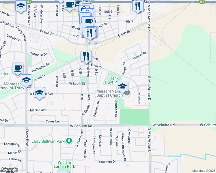 map of restaurants, bars, coffee shops, grocery stores, and more near 265 East Mount Diablo Avenue in Tracy