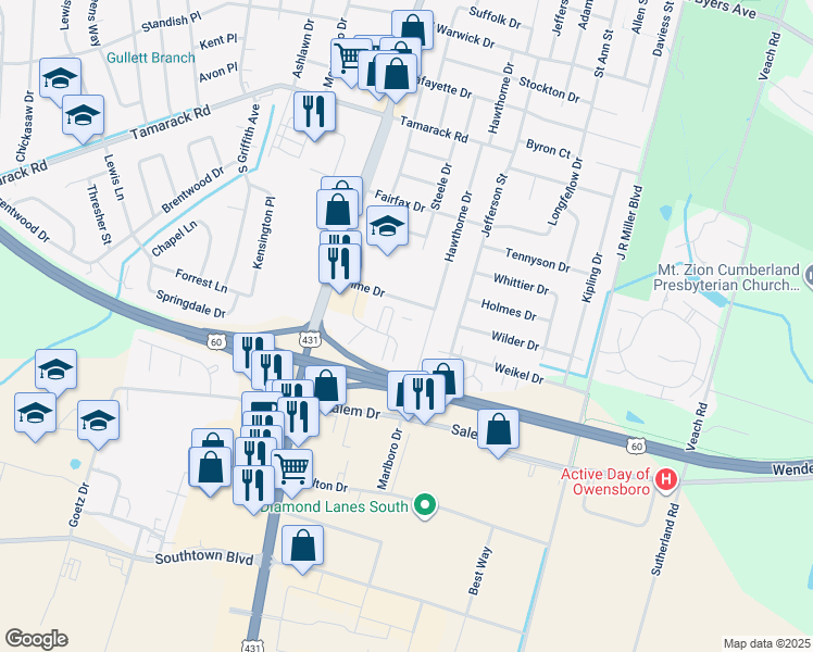 map of restaurants, bars, coffee shops, grocery stores, and more near 617 Chuck Gray Court in Owensboro
