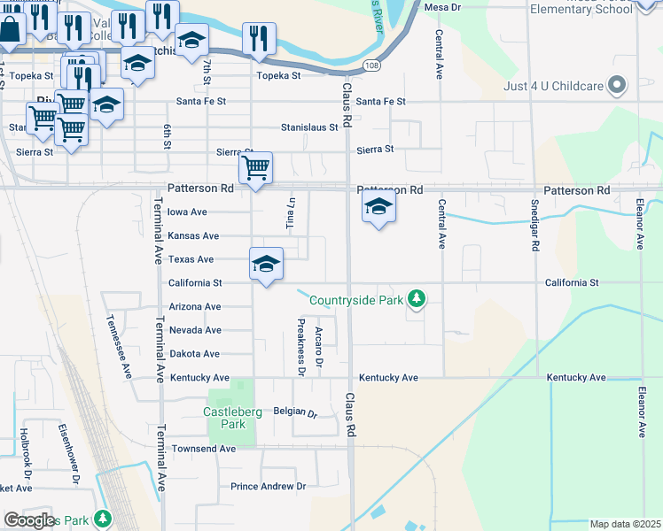 map of restaurants, bars, coffee shops, grocery stores, and more near 6232 Mathew Lane in Riverbank