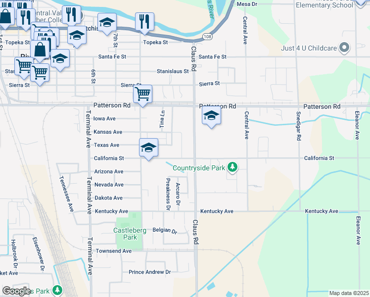 map of restaurants, bars, coffee shops, grocery stores, and more near 6232 Mathew Lane in Riverbank
