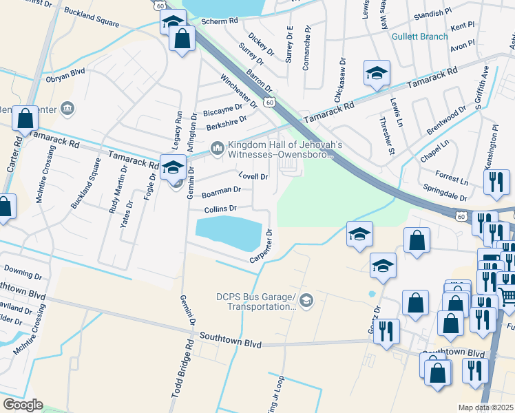map of restaurants, bars, coffee shops, grocery stores, and more near 3941 Carpenter Drive in Owensboro