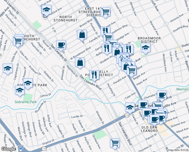 map of restaurants, bars, coffee shops, grocery stores, and more near 381 Cherrywood Avenue in San Leandro