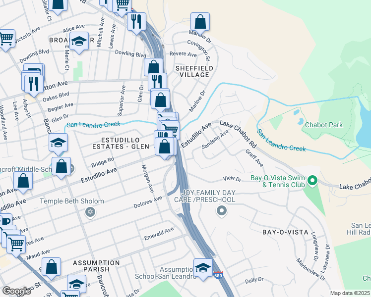 map of restaurants, bars, coffee shops, grocery stores, and more near 1308 Benedict Drive in San Leandro