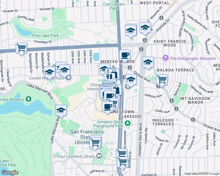 map of restaurants, bars, coffee shops, grocery stores, and more near 3201 20th Avenue in San Francisco