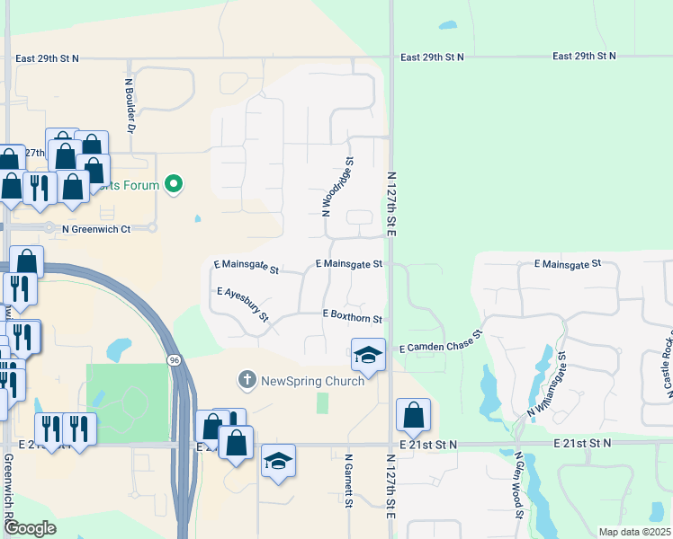 map of restaurants, bars, coffee shops, grocery stores, and more near 2526 North Woodridge Street in Wichita