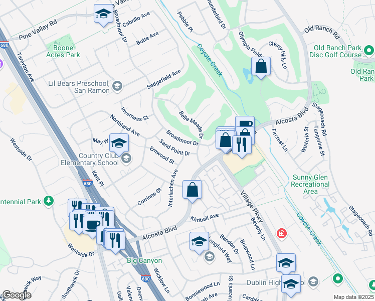 map of restaurants, bars, coffee shops, grocery stores, and more near 9517 Sandpoint Drive in San Ramon